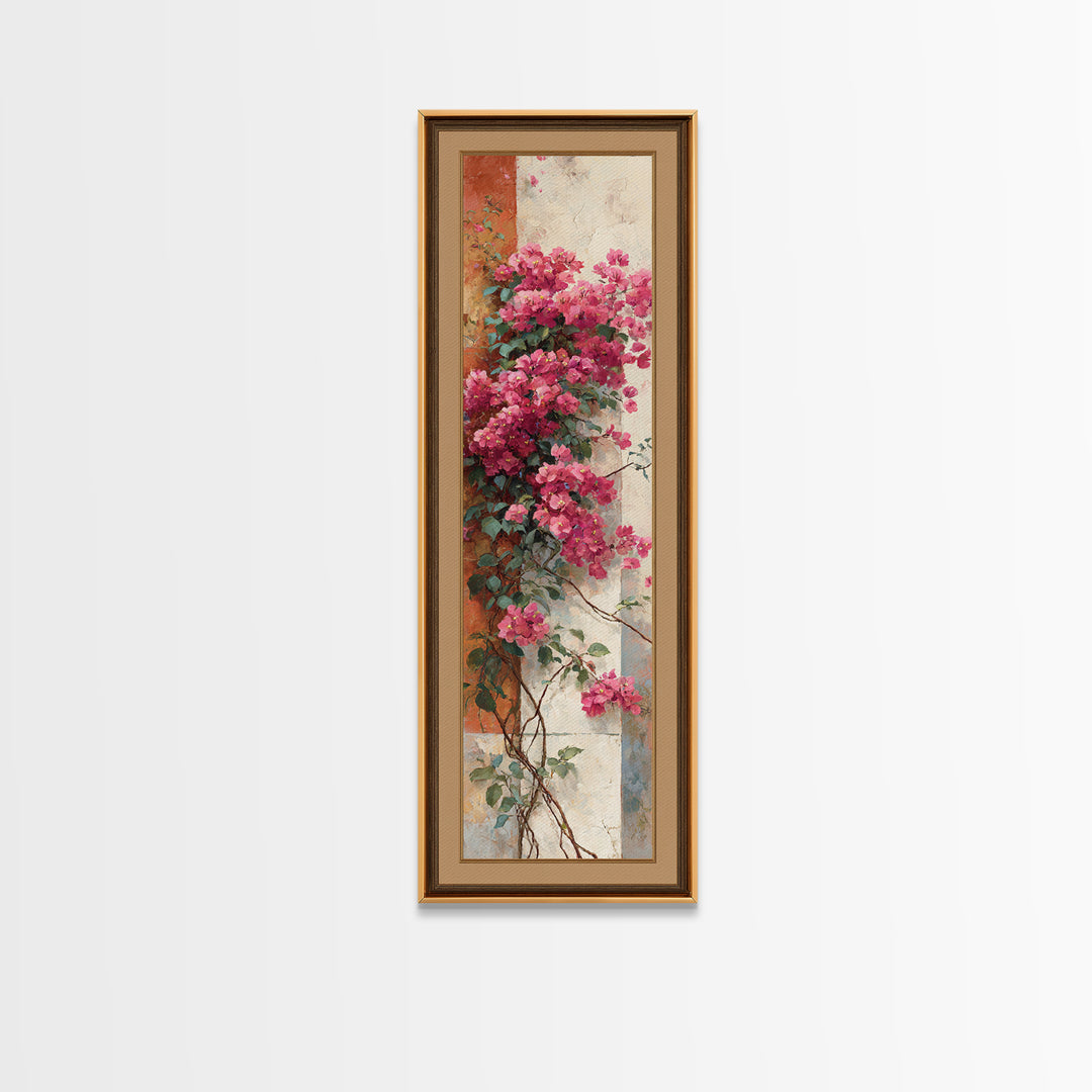 Pink Bougainvillea over White Wall Framed Canvas Print, Tropical Art, Beach Decor, Living Room Decor, Oil Painting, Tropic, TRO-1x3-76
