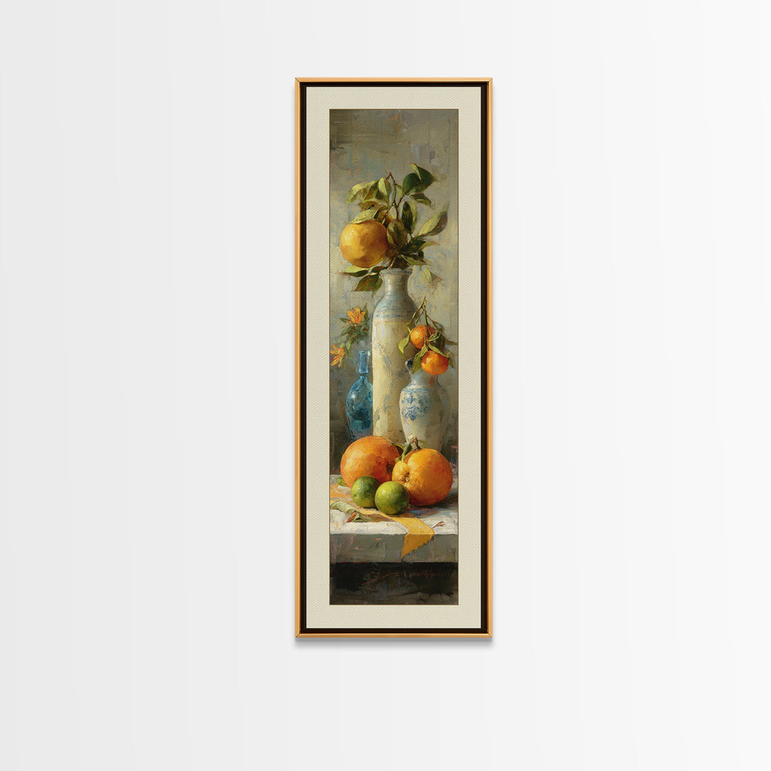 Bright Papaya and Lime Still Life Framed Canvas Print, Tropical Art, Coastal Wall Art, Living Room Decor, Fine Art, Tropic, TRO-1x3-84
