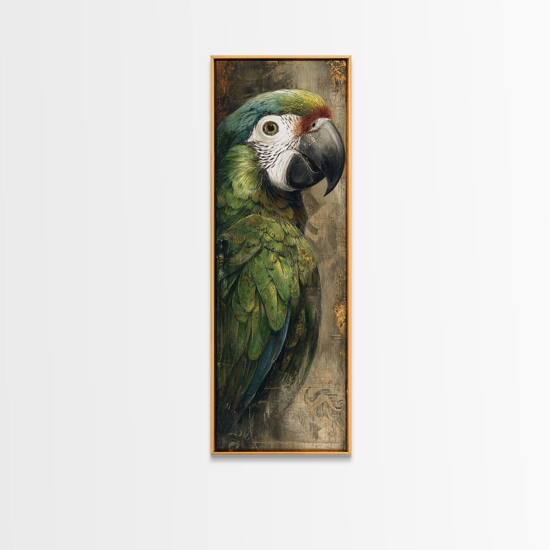 Parrot Portrait with Emerald Feathers Framed Canvas Print, Tropical Art, Coastal Art, Living Room Decor, Fine Art, Tropic, TRO-1x3-92