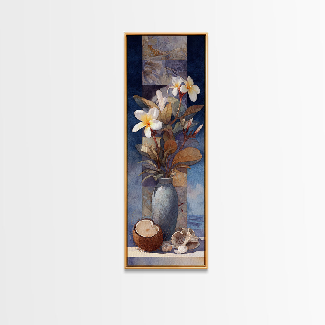 Coconut and Plumeria Still Life Framed Canvas Print, Tropical Art, Beach Print, Living Room Decor, Abstract Art, Tropic, TRO-1x3-96