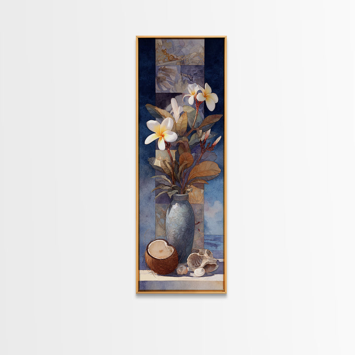 Coconut and Plumeria Still Life Framed Canvas Print, Tropical Art, Beach Print, Living Room Decor, Abstract Art, Tropic, TRO-1x3-96