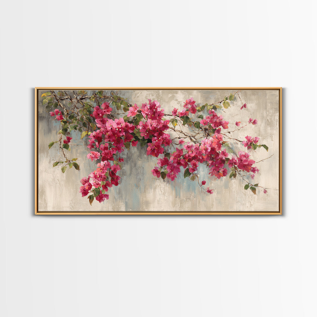 Pink Bougainvillea over White Wall Framed Canvas Print, Tropical Art, Room Decor, Living Room Decor, Fine Art, Tropic, TRO-2x1-12