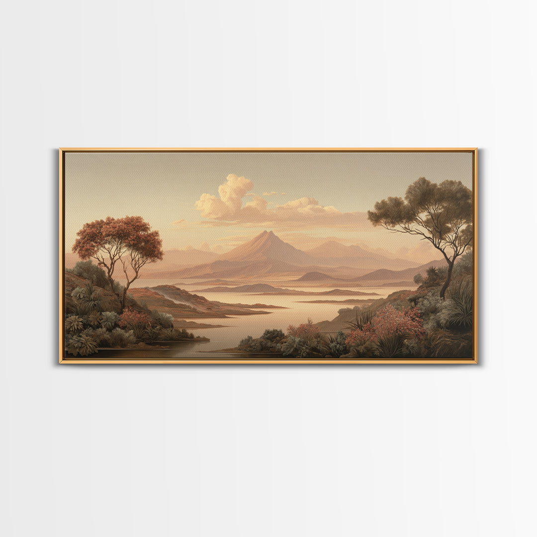Island Volcano with Lush Foreground Framed Canvas Print, Tropical Art, Print, Living Room Decor, Tropic, Coastal Wall Art, TRO-2x1-13