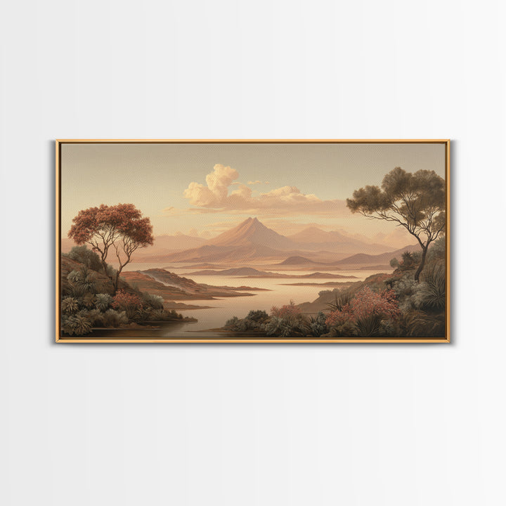 Island Volcano with Lush Foreground Framed Canvas Print, Tropical Art, Print, Living Room Decor, Tropic, Coastal Wall Art, TRO-2x1-13