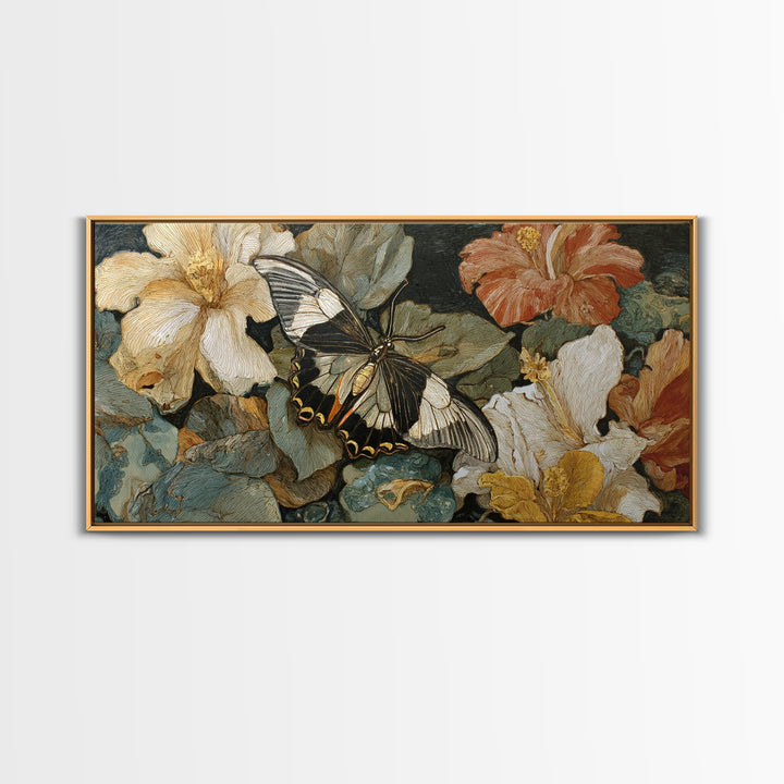 Tropical Butterfly and Flower Study Framed Canvas Print, Tropical Art, Whimsical Art, Living Room Decor, Watercolor Art, Tropic, TRO-2x1-19