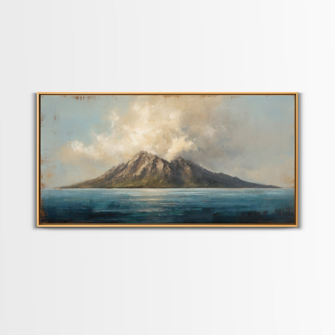 Island Volcano with Lush Foreground Framed Canvas Print, Tropical Art, Print, Living Room Decor, Tropic, Coastal Wall Art, TRO-2x1-37