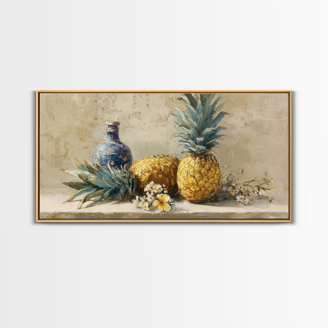 Pineapple and Palm Still Life Framed Canvas Print, Tropical Art, Decor, Living Room Decor, Fine Art, Tropic, Bird Art, TRO-2x1-50