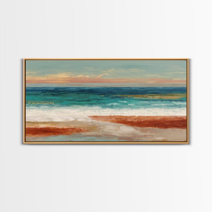 Tropical Lagoon with Turquoise Water Framed Canvas Print, Tropical Art, Bird Art, Living Room Decor, Watercolor Art, Tropic, TRO-2x1-51