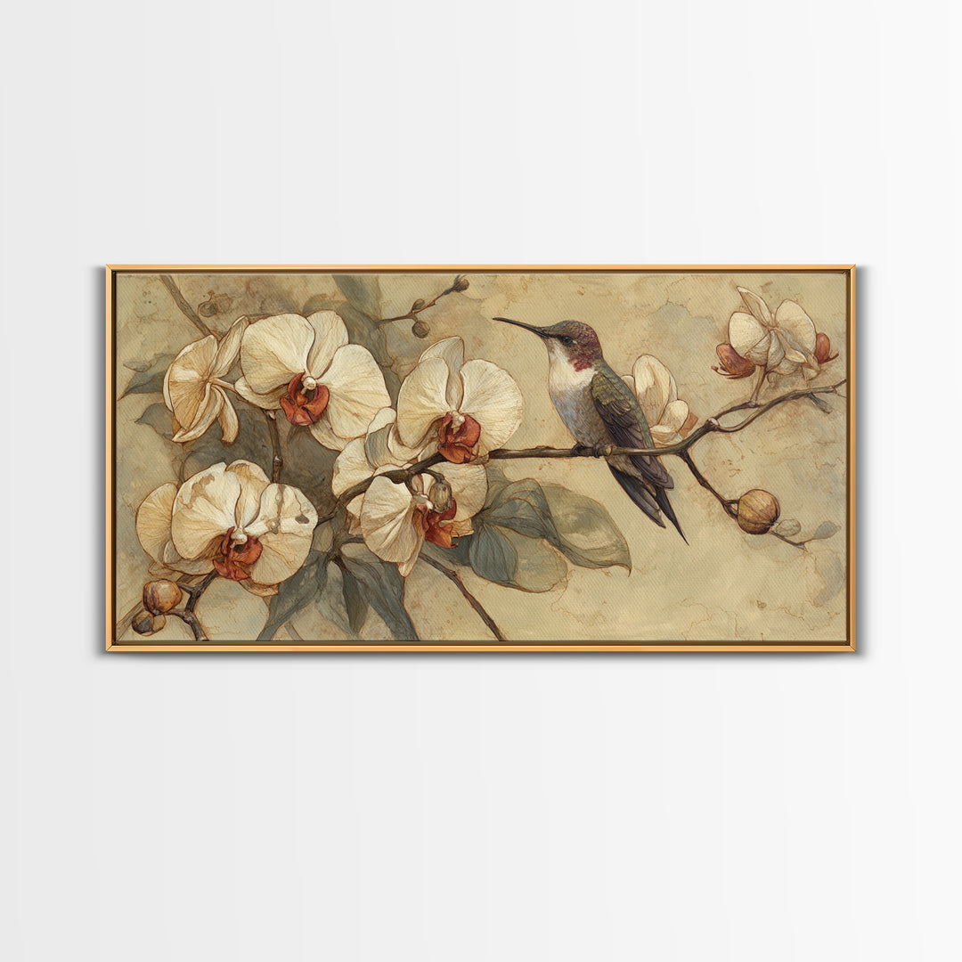 Orchid and Hummingbird Composition Canvas Print, Tropical Art, Digital Prints, Living Room Decor, Tropic 154, Set of Prints, TRO-2x1-54