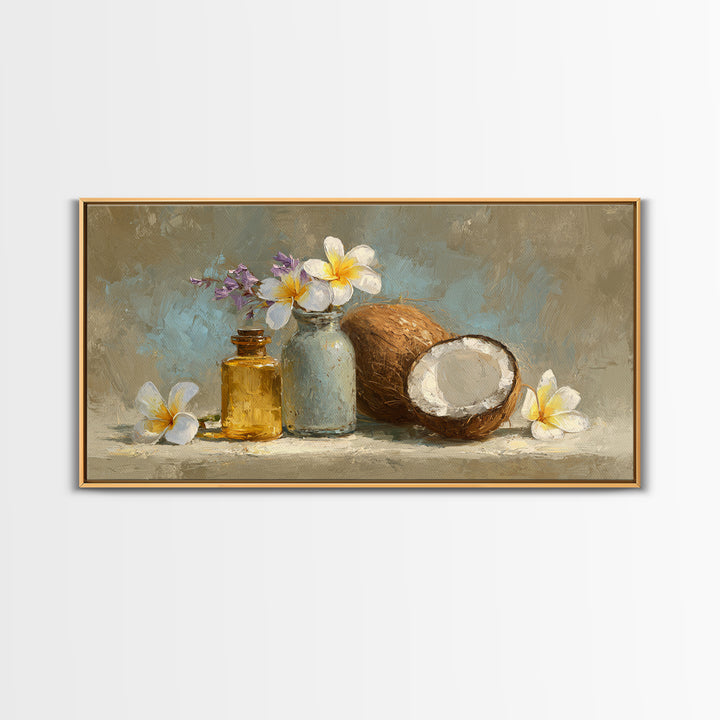 Coconut and Plumeria Still Life Framed Canvas Print, Tropical Art, Art Print, Living Room Decor, Tropic, Abstract Painting, TRO-2x1-56