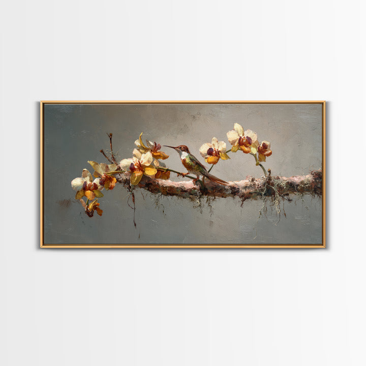 Orchid and Hummingbird Composition Framed Canvas Print, Tropical Art, Minimalist Decor, Living Room Decor, Fine Art, Tropic, TRO-2x1-6