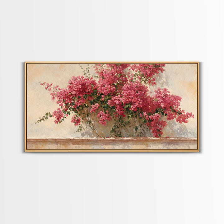 Pink Bougainvillea over White Wall Framed Canvas Print, Tropical Art, Digital Art, Living Room Decor, Oil Painting, Tropic, TRO-2x1-60