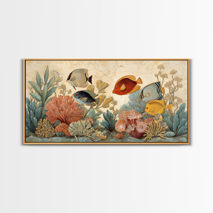 Tropical Fish over Coral Reef Framed Canvas Print, Tropical Art, Print, Living Room Decor, Fine Art, Tropic, Coastal Wall Art, TRO-2x1-7