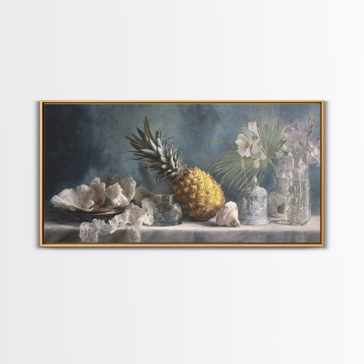 Pineapple and Palm Still Life Canvas Print, Tropical Art, Printable Wall Art, Living Room Decor, Watercolor Art, Tropic, TRO-2x1-74