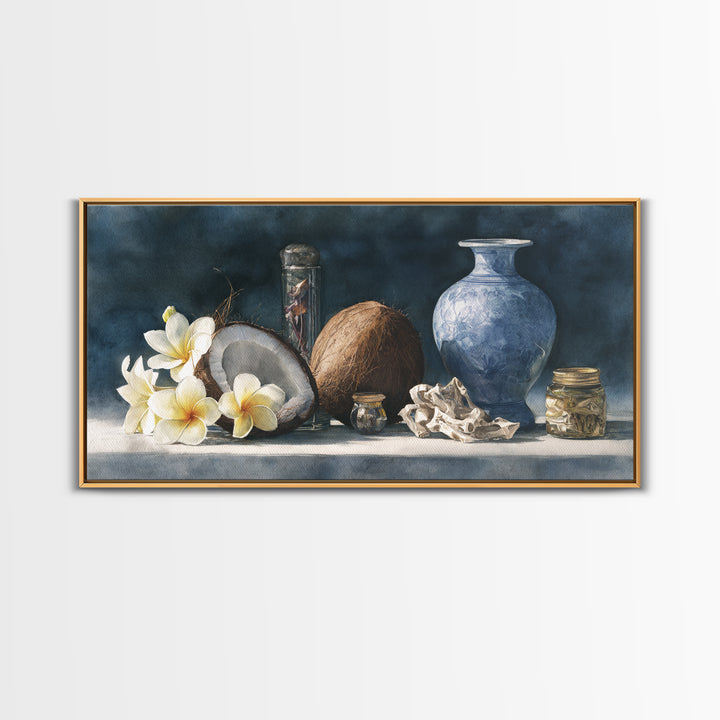 Coconut and Plumeria Still Life Framed Canvas Print, Tropical Art, Coastal Wall Art, Living Room Decor, Fine Art, Tropic, TRO-2x1-80