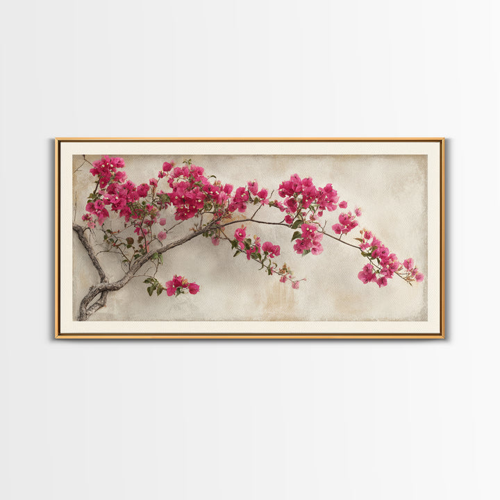 Pink Bougainvillea over White Wall Framed Canvas Print, Tropical Art, Abstract Painting, Living Room Decor, Fine Art, Tropic, TRO-2x1-84