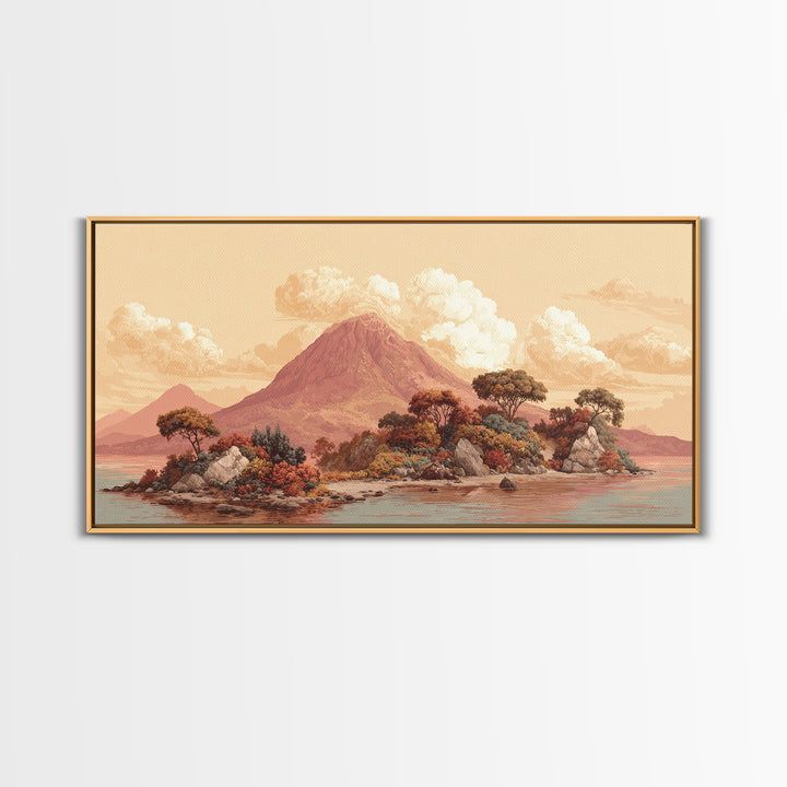 Island Volcano with Lush Foreground Framed Canvas Print, Tropical Art, Set of 3 Prints, Living Room Decor, Fine Art, Tropic, TRO-2x1-85
