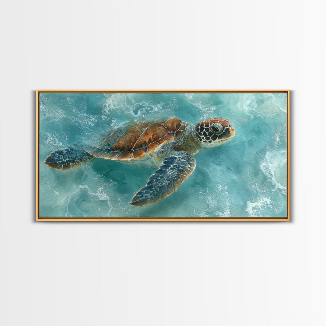 Sea Turtle Near Tropical Reef Framed Canvas Print, Tropical Art, Trendy Wall Art, Living Room Decor, Fine Art, Tropic, TRO-2x1-87