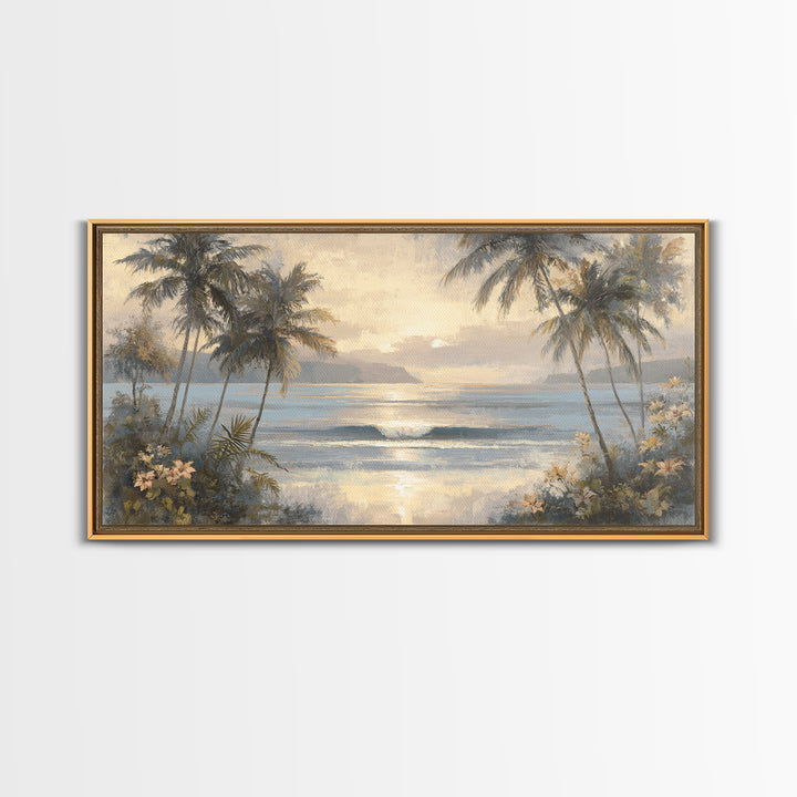 Sunset Surf Scene Framed Canvas Print, Tropical Art, Digital Art, Living Room Decor, Oil Painting, Tropic, Watercolor Art, TRO-2x1-90