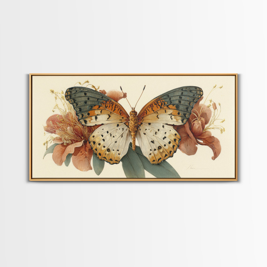 Tropical Butterfly and Flower Study Framed Canvas Print, Tropical Art, Digital Print, Living Room Decor, Fine Art, Tropic, TRO-2x1-91