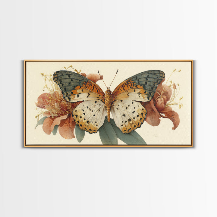 Tropical Butterfly and Flower Study Framed Canvas Print, Tropical Art, Digital Print, Living Room Decor, Fine Art, Tropic, TRO-2x1-91