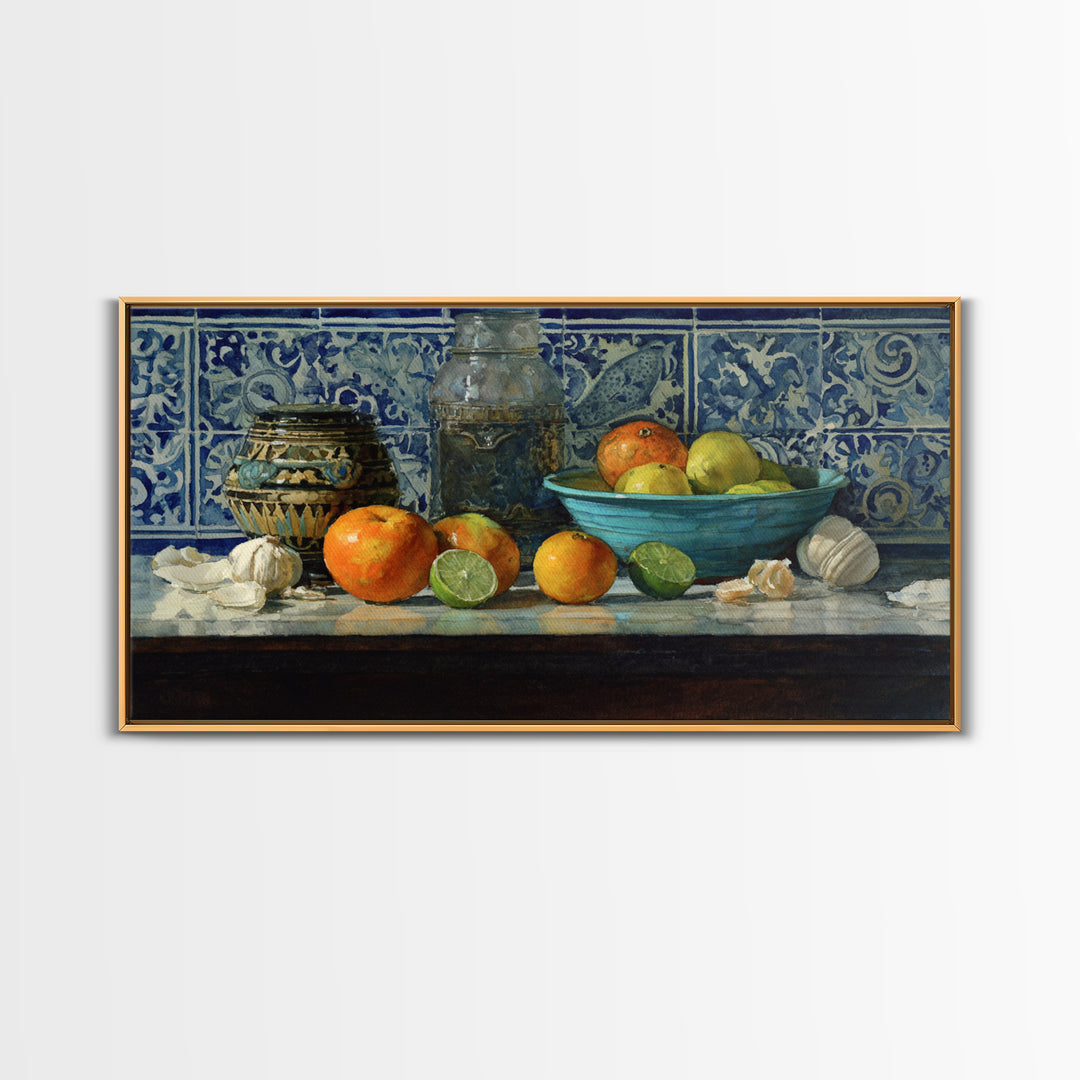 Bright Papaya and Lime Still Life Framed Canvas Print, Tropical Art, Watercolor Painting, Living Room Decor, Oil Painting, TRO-2x1-92