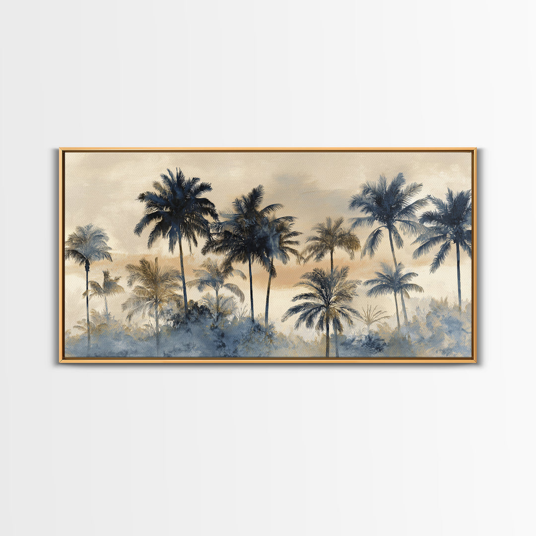 Palm Tree Silhouettes Framed Canvas Print, Tropical Art, Beach Decor, Living Room Decor, Oil Painting, Tropic, Fine Art Print, TRO-2x1-96