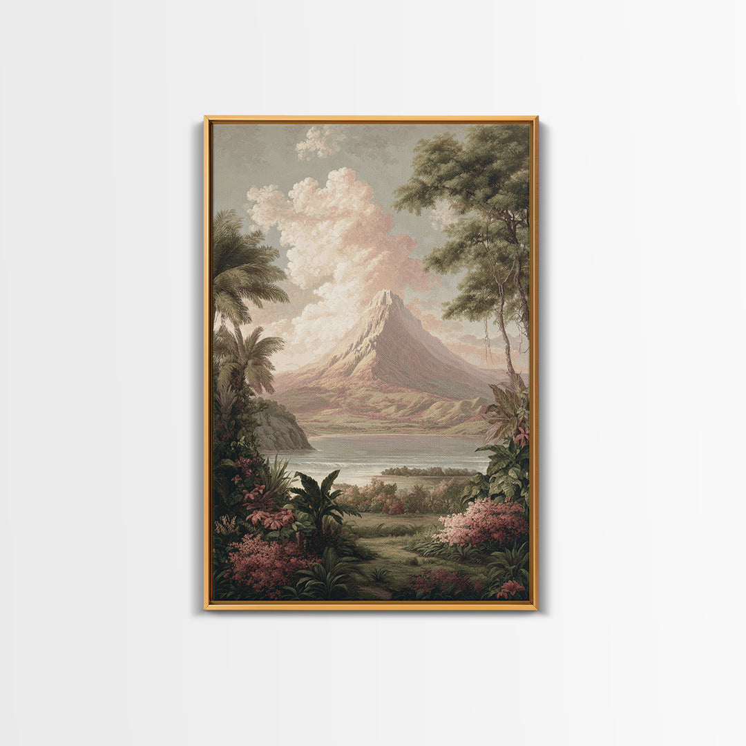 Island Volcano with Lush Foreground Framed Canvas Print, Tropical Art, Printable, Living Room Decor, Fine Art, Tropic, TRO-2x3-1