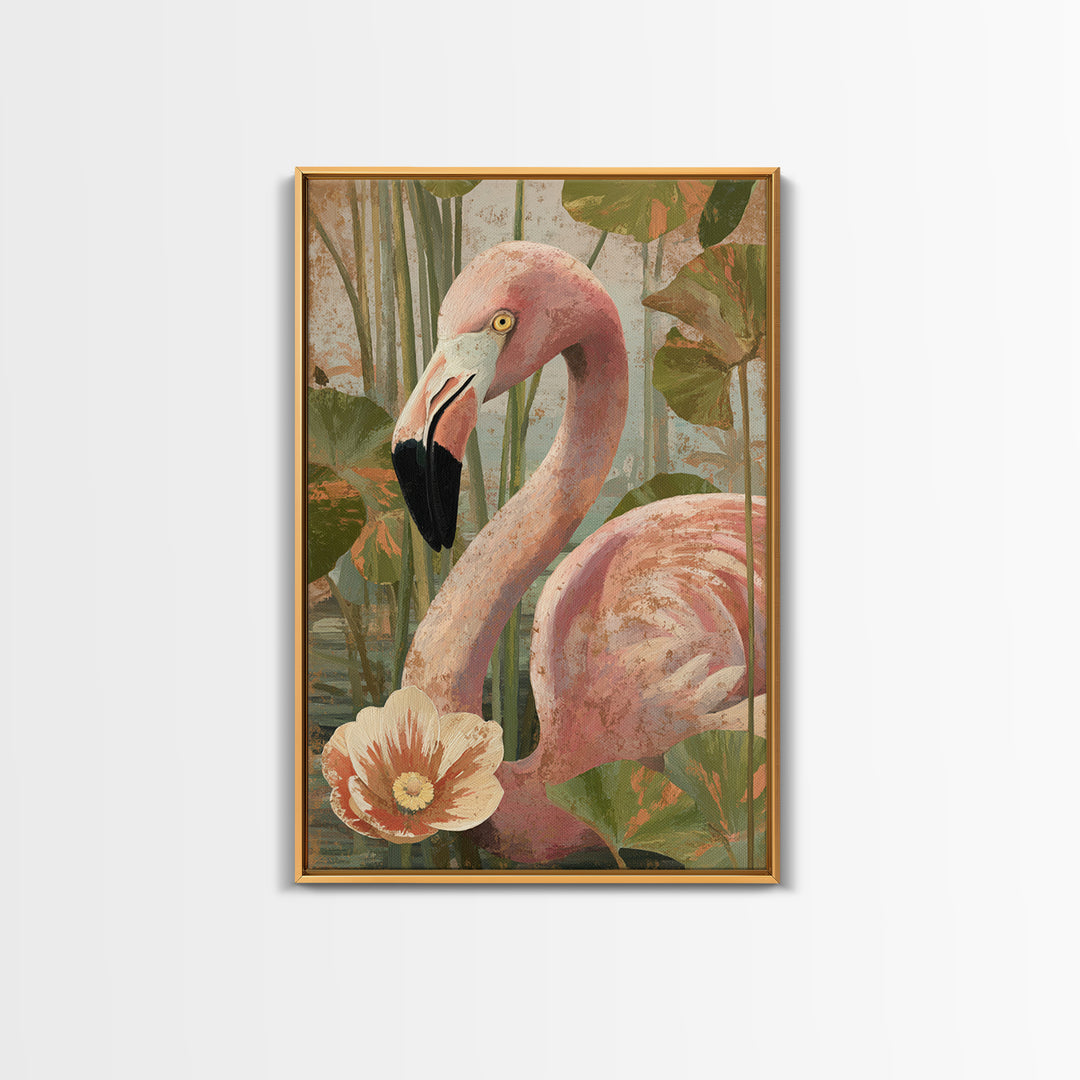 Pink Flamingos Among Tropical Water Plants Canvas Print, Tropical Art, Contemporary Art, Living Room Decor, Fine Art, Tropic, TRO-2x3-10