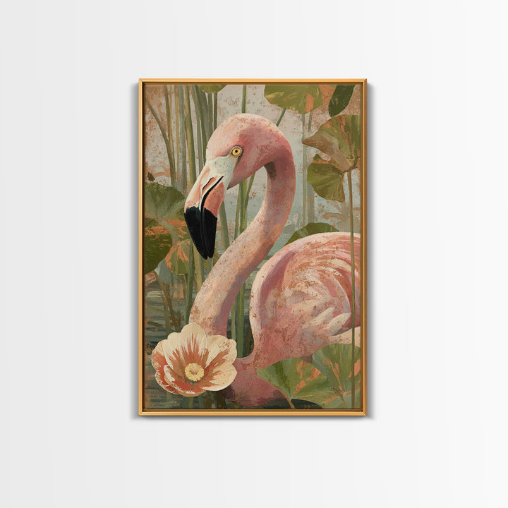 Pink Flamingos Among Tropical Water Plants Canvas Print, Tropical Art, Contemporary Art, Living Room Decor, Fine Art, Tropic, TRO-2x3-10
