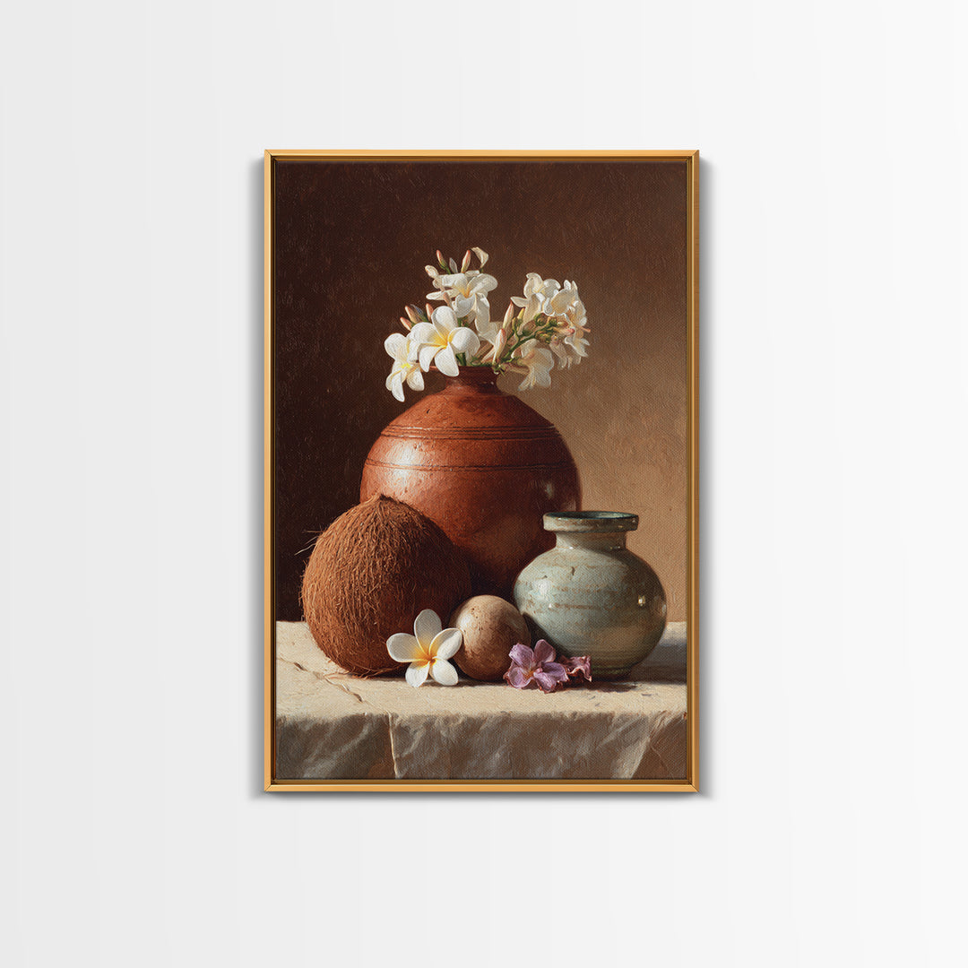 Coconut and Plumeria Still Life Framed Canvas Print, Tropical Art, Watercolor Painting, Living Room Decor, Oil Painting, Tropic, TRO-2x3-20