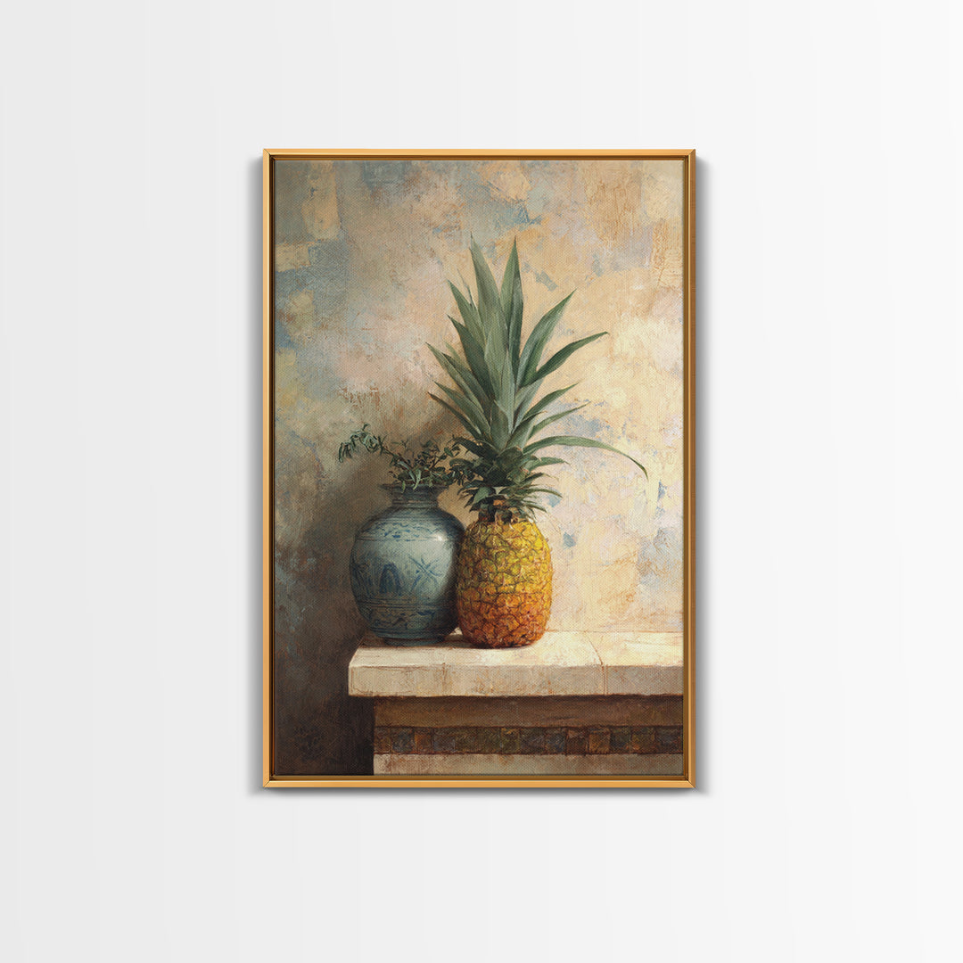 Pineapple and Palm Still Life Framed Canvas Print, Tropical Art, Art Print, Living Room Decor, Tropic, Abstract Painting, TRO-2x3-38