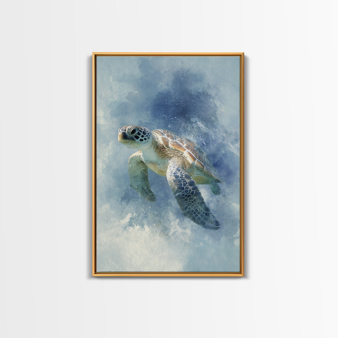 Sea Turtle Near Tropical Reef Framed Canvas Print, Tropical Art, Digital Art, Living Room Decor, Oil Painting, Tropic, TRO-2x3-51