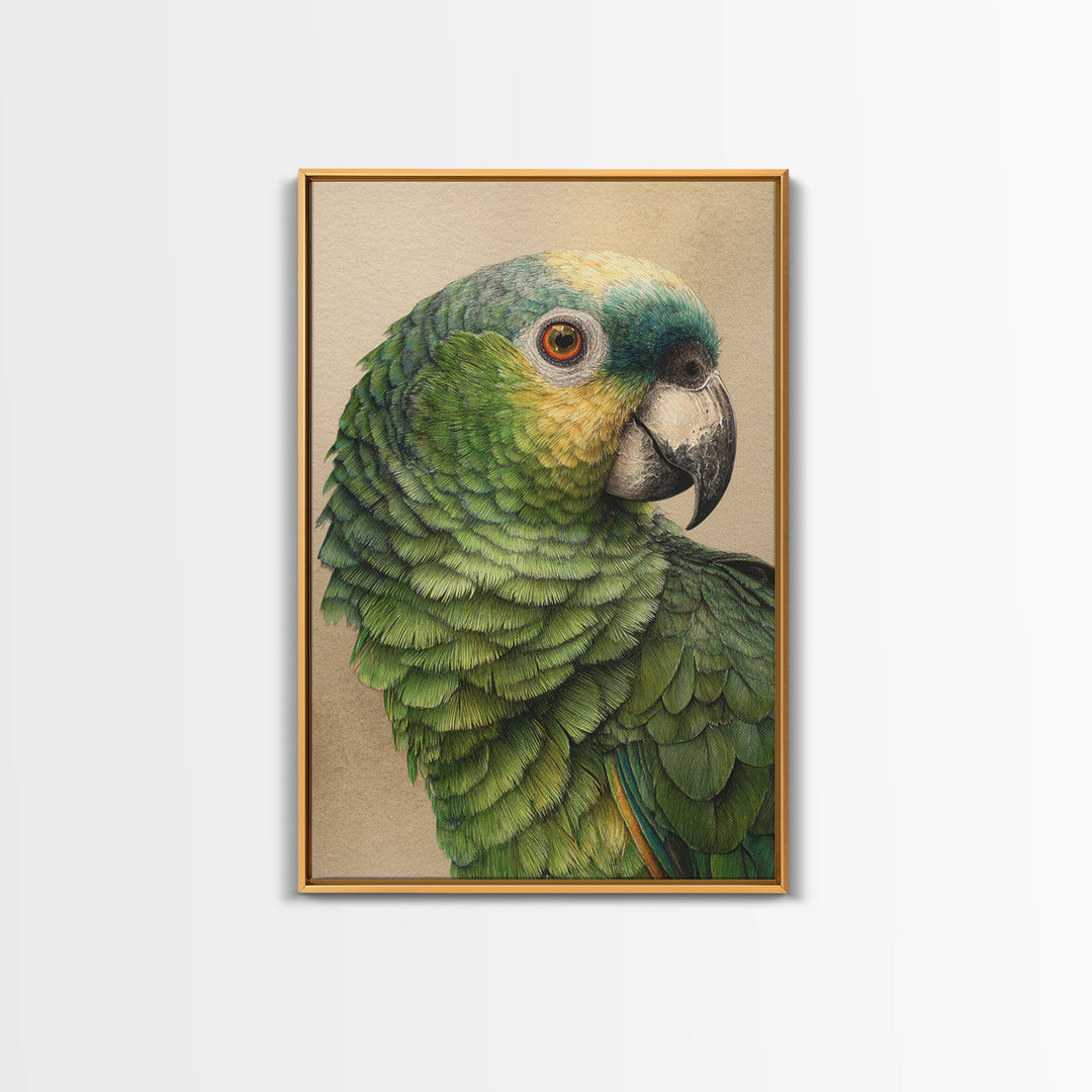 Parrot Portrait with Emerald Feathers Framed Canvas Print, Tropical Art, Print, Living Room Decor, Oil Painting, Tropic, TRO-2x3-64