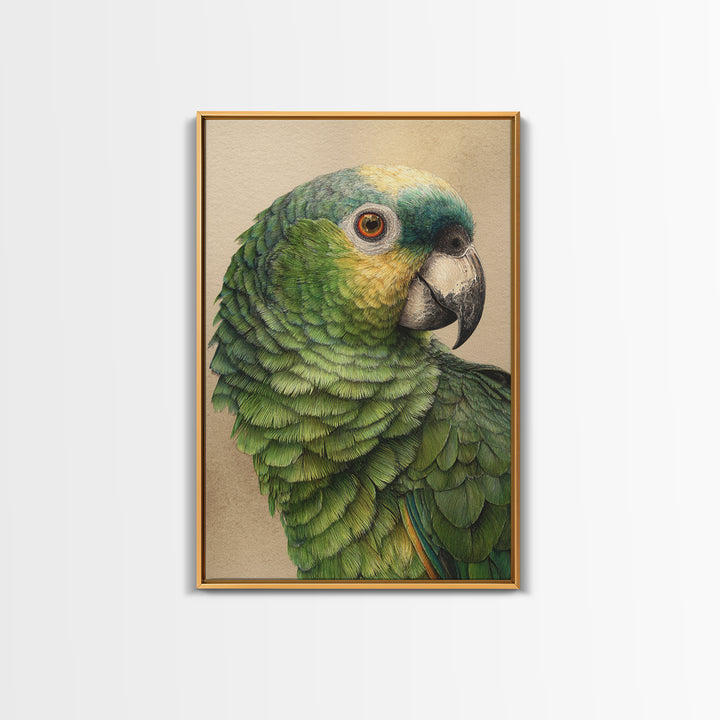 Parrot Portrait with Emerald Feathers Framed Canvas Print, Tropical Art, Print, Living Room Decor, Oil Painting, Tropic, TRO-2x3-64