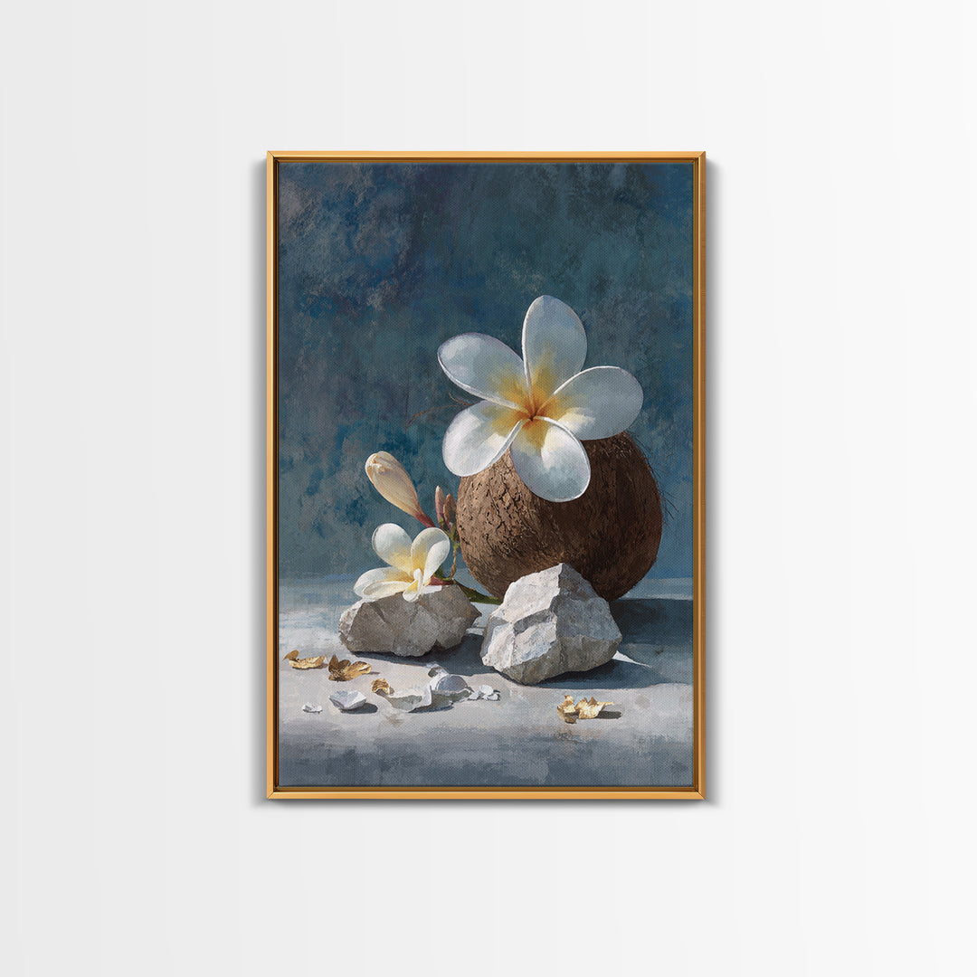 Coconut and Plumeria Still Life Framed Canvas Print, Tropical Art, Coastal Wall Art, Living Room Decor, Fine Art, Tropic, TRO-2x3-68