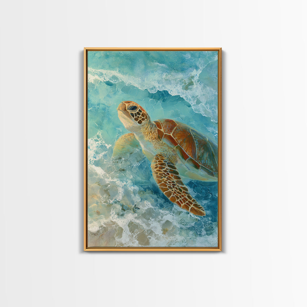 Sea Turtle Near Tropical Reef Framed Canvas Print, Tropical Art, Abstract Painting, Living Room Decor, Fine Art, Tropic, TRO-2x3-75
