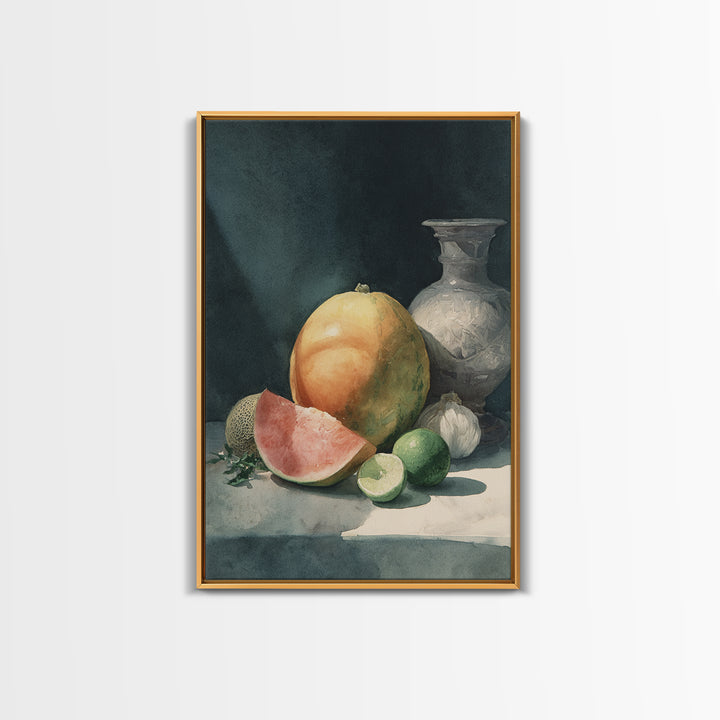 Bright Papaya and Lime Still Life Framed Canvas Print, Tropical Art, Botanical Art, Living Room Decor, Oil Painting, Tropic, TRO-2x3-8