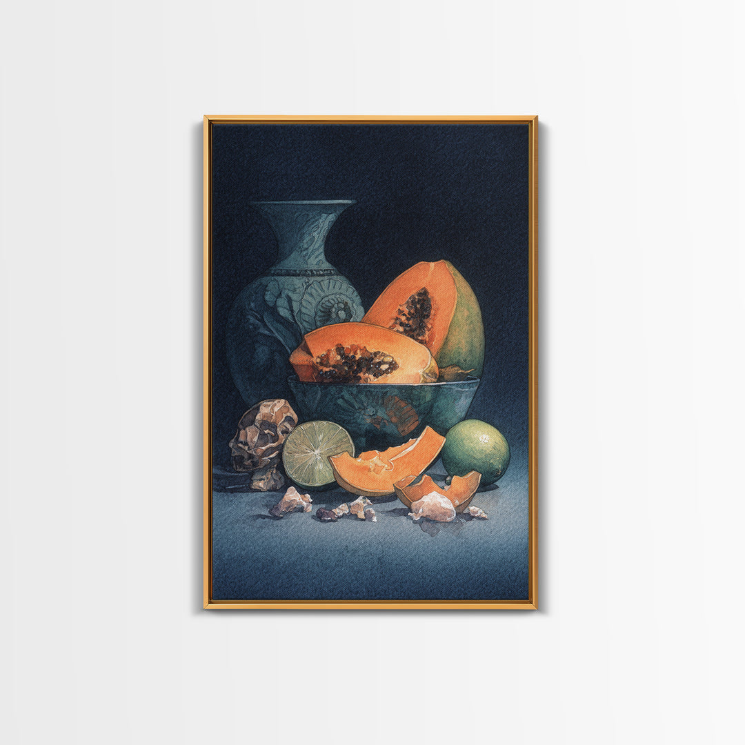 Bright Papaya and Lime Still Life Framed Canvas Print, Tropical Art, Living Room Decor, Watercolor Art, Tropic, TRO-2x3-80