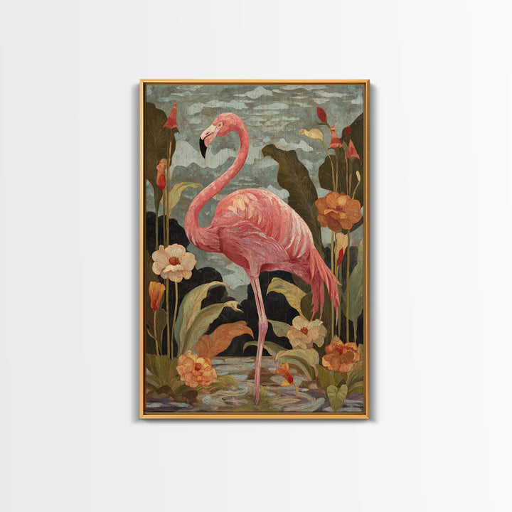Pink Flamingos Among Tropical Water Plants Canvas Print, Tropical Art, Digital Print, Living Room Decor, Fine Art, Tropic, TRO-2x3-82