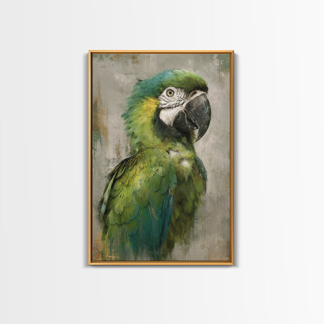 Parrot Portrait with Emerald Feathers Framed Canvas Print, Tropical Art, Set of 3 Prints, Living Room Decor, Fine Art, Tropic, TRO-2x3-88