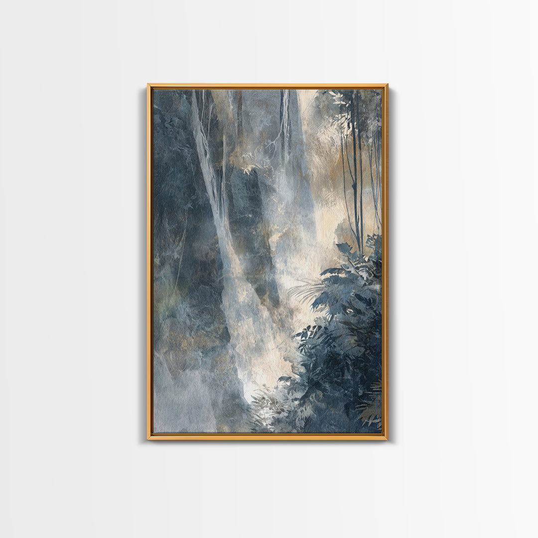 Jungle Waterfall with Misty Light Framed Canvas Print, Tropical Art, Abstract Painting, Living Room Decor, Fine Art, Tropic, TRO-2x3-93