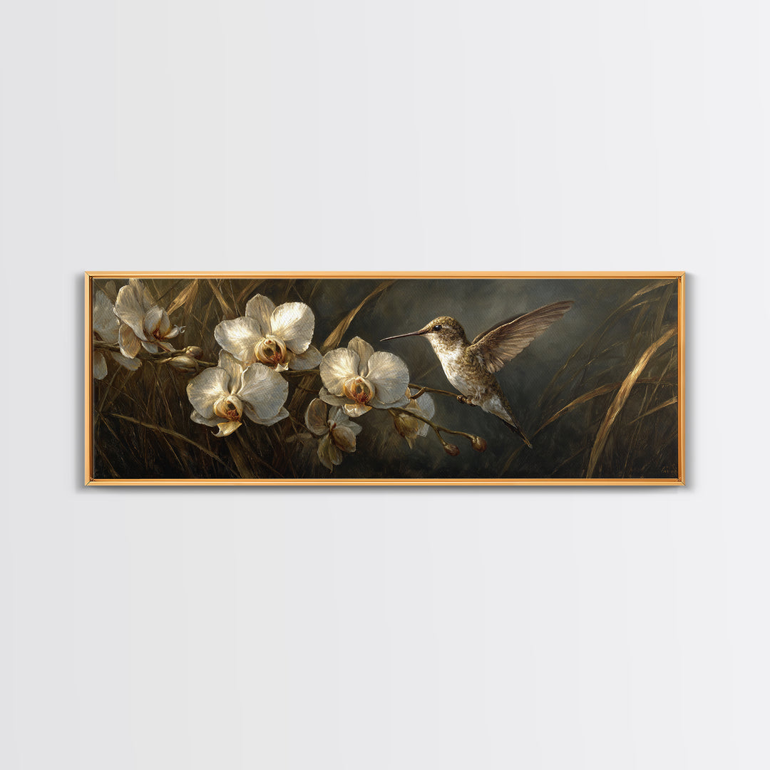 Orchid and Hummingbird Composition Framed Canvas Print, Tropical Art, Wall Art Prints, Living Room Decor, Fine Art, Tropic, TRO-3x1-2