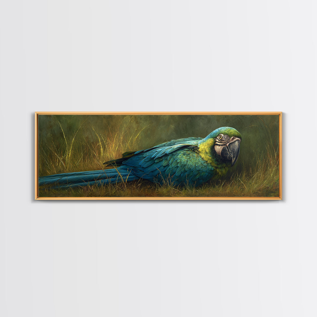Parrot Portrait with Emerald Feathers Canvas Print, Tropical Art, Whimsical Art, Living Room Decor, Fine Art, Tropic, TRO-3x1-24
