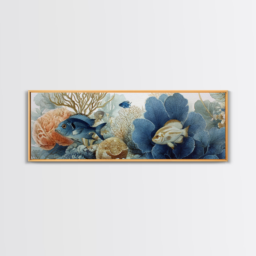 Tropical Fish over Coral Reef Framed Canvas Print, Tropical Art, Textured Painting, Living Room Decor, Fine Art, Tropic, TRO-3x1-27