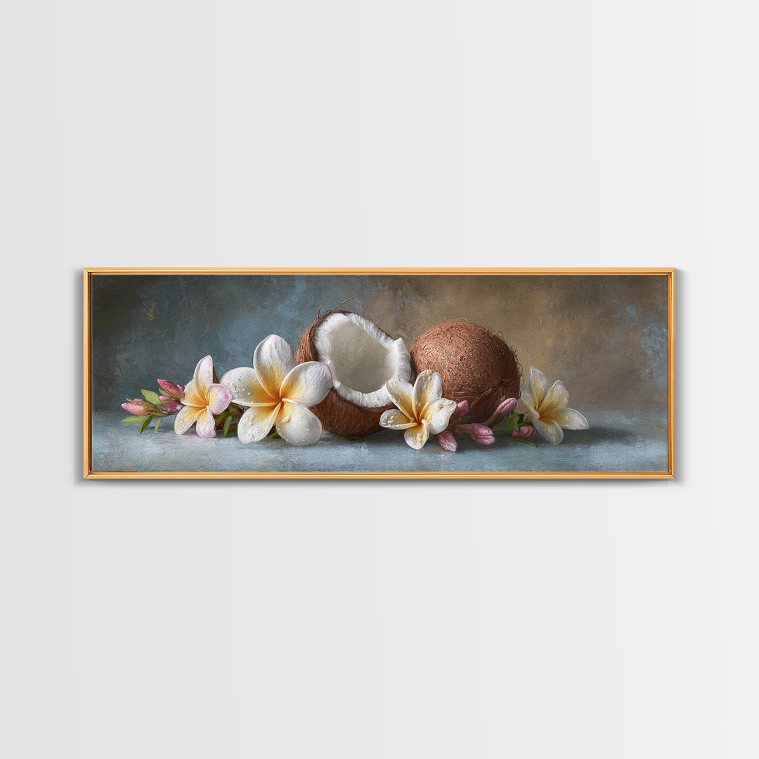 Coconut and Plumeria Still Life Framed Canvas Print, Tropical Art, Botanical Art, Living Room Decor, Oil Painting, Tropic, TRO-3x1-28