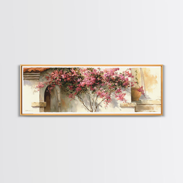 Pink Bougainvillea over White Wall Framed Canvas Print, Tropical Art, Beach Prints, Living Room Decor, Watercolor Art, Tropic, TRO-3x1-32