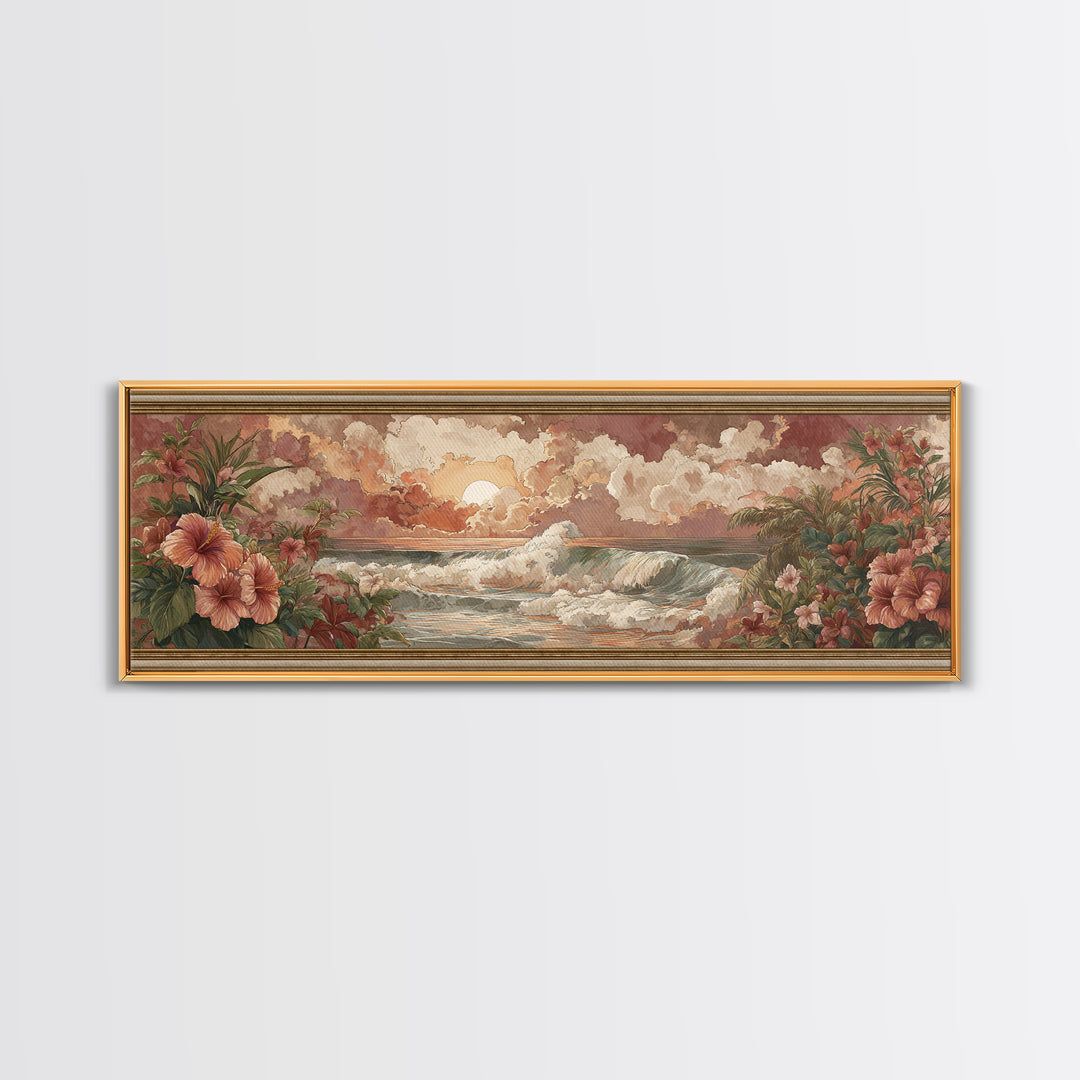 Sunset Surf Scene Canvas Print, Tropical Art, Pink Wall Art, Living Room Decor, Fine Art, Tropic, Coastal Art, Beach Print, TRO-3x1-38