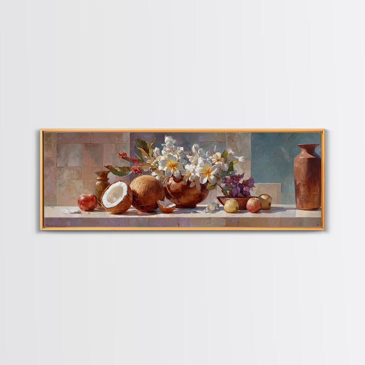 Coconut and Plumeria Still Life Canvas Print, Tropical Art, Downloadable Prints, Living Room Decor, Watercolor Art, Tropic, TRO-3x1-4