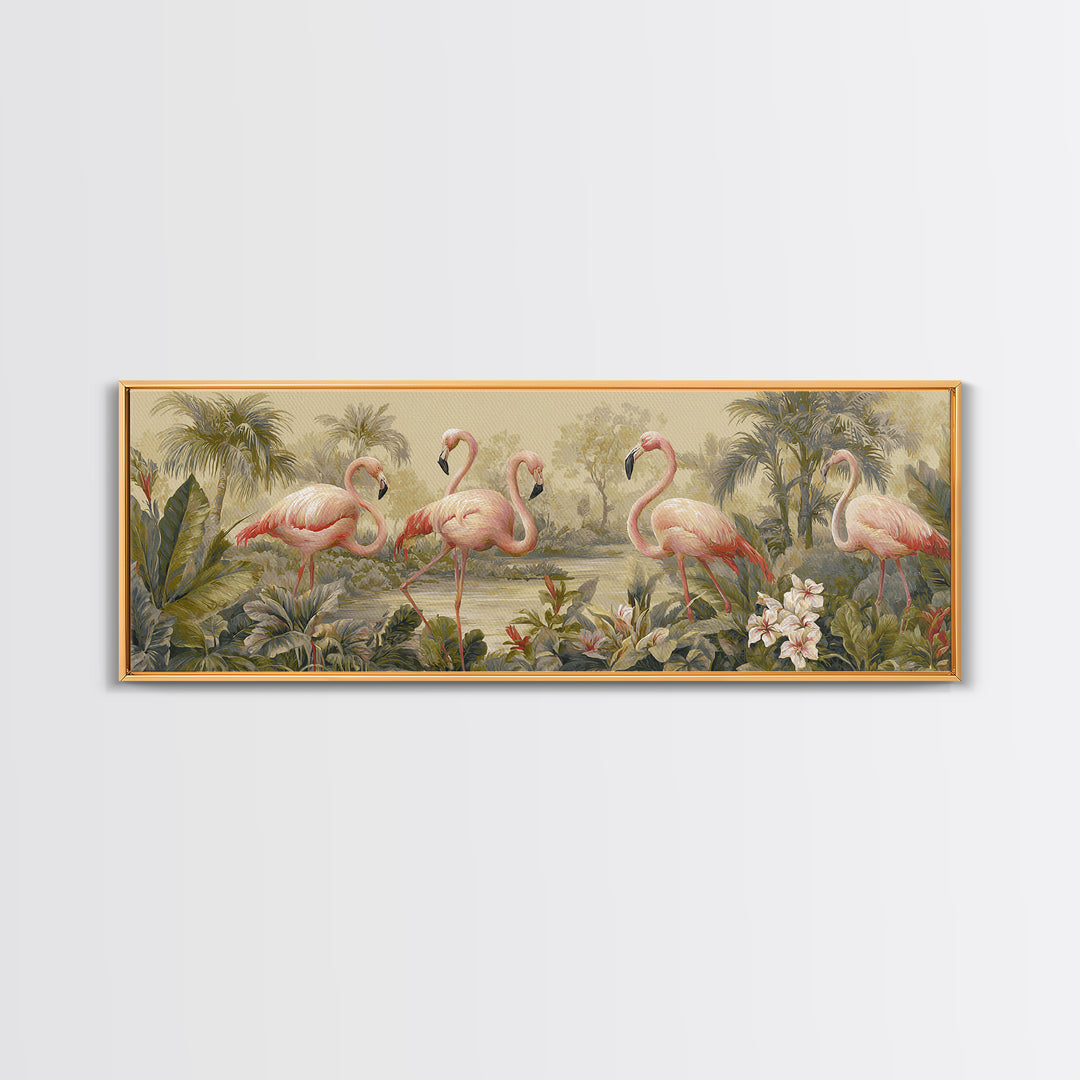 Pink Flamingos Among Tropical Water Plants Canvas Print, Tropical Art, Watercolor Art, Living Room Decor, Fine Art, Tropic, TRO-3x1-42